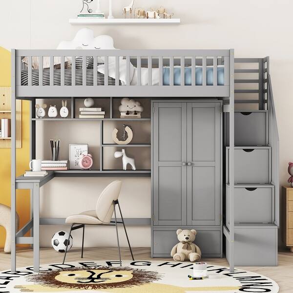 slide 2 of 15, Multifunctional Stairway Storage Full Loftbed Frame w/ Wardrobe & Desk