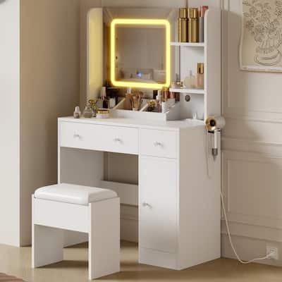 Vanity Desk with LED Mirror, 3 Drawers & Open Shelves, Charging Station, and Stool