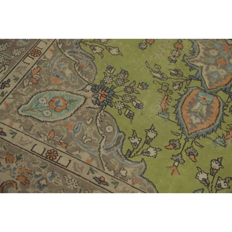 Hand Knotted Oriental 100% Wool Carpet Traditional Floral Green Tabriz Area Rug - 9' 1'' X 6' 1''