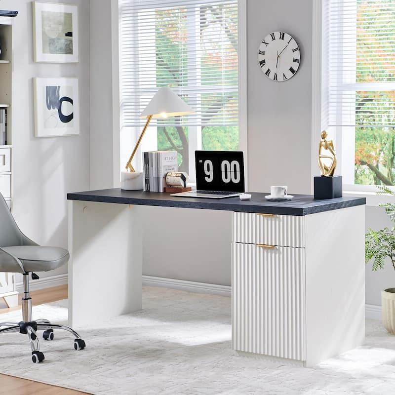60" Modern Executive Desk, Wood Home Office Desk, Fluted Computer Desk - Off White