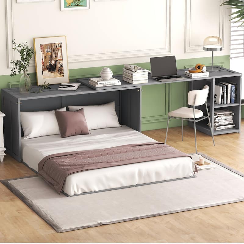 Grey Queen Murphy Bed in Pine Wood & MDF with Rotating Desk and Storage Shelves