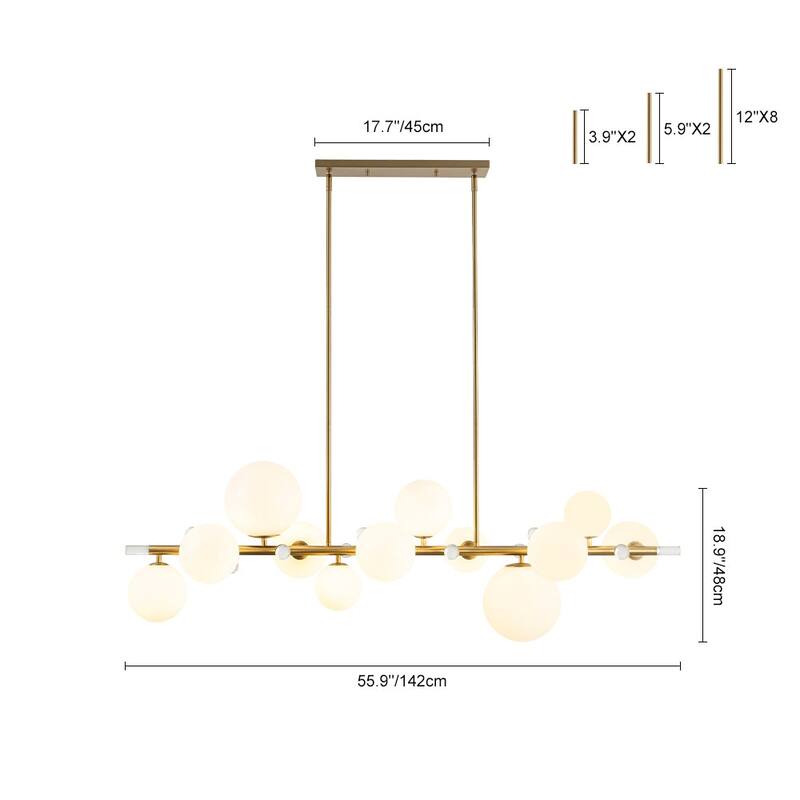 Mid-Century Luxe Milky Glass Globe Linear Chandelier Crystal Accents