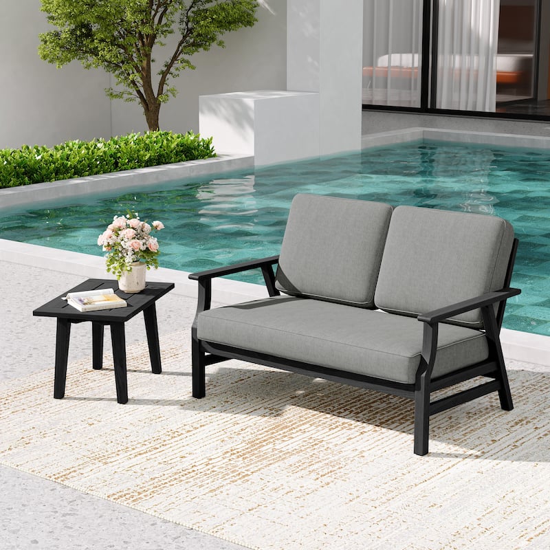 2-Piece Teak Outdoor Loveseat Set with Table.