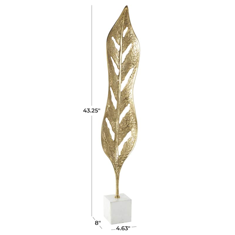 Aluminum Metal Leaf Tall Textured Cutout Decorative Sculpture with White Marble Base - Gold - Roche River Decor