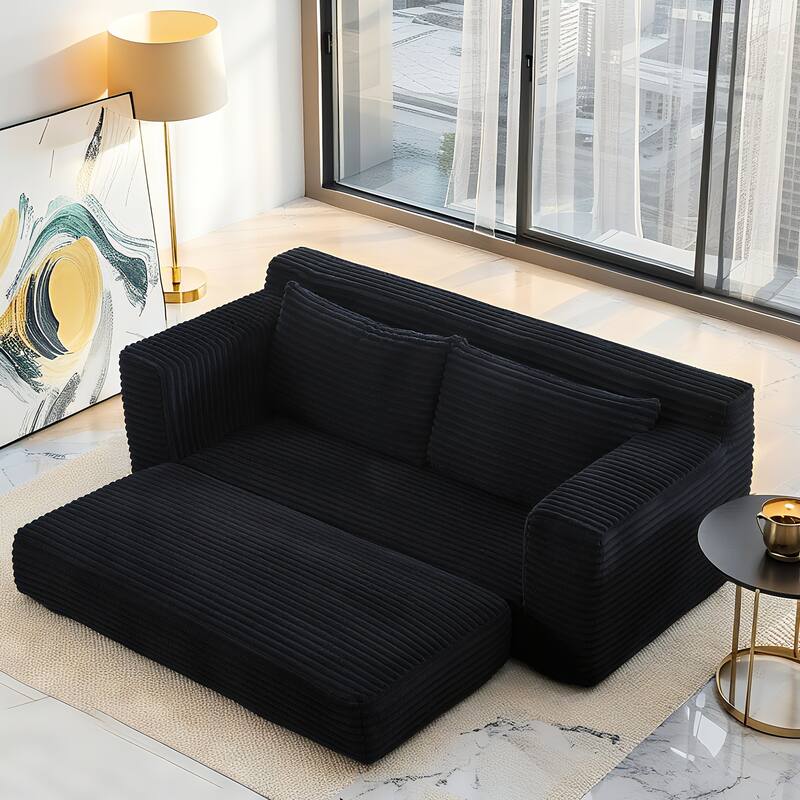 Convertible Loveseat Sofa Bed with Memory Foam, No Assembly Small Couch, Corduroy Upholstered 2-in-1 Sofa for Small Spaces - Black
