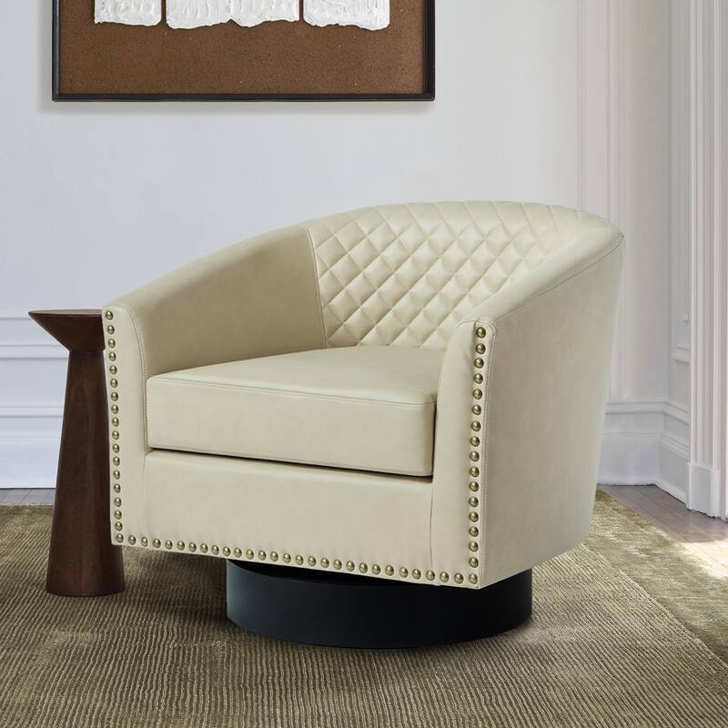 Tufted PU Vegan Leather Swivel Barrel Chair with Nailheads Trim