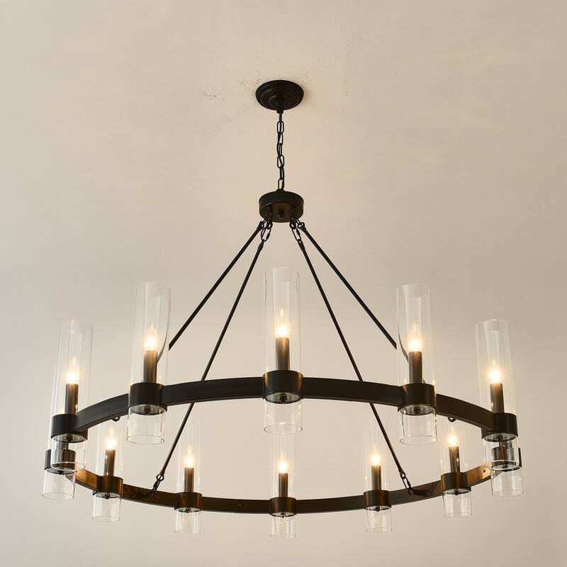 Black Wagon Wheel Chandelier with Glass Shades Adjustable Farmhouse Pendant Light for High Ceilings
