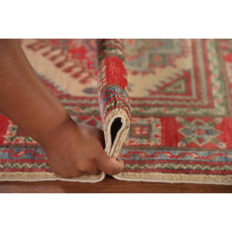 Geometric Kazak Accent Rug Handmade Oriental Beige Wool Carpet - 2'9"x 4'0"