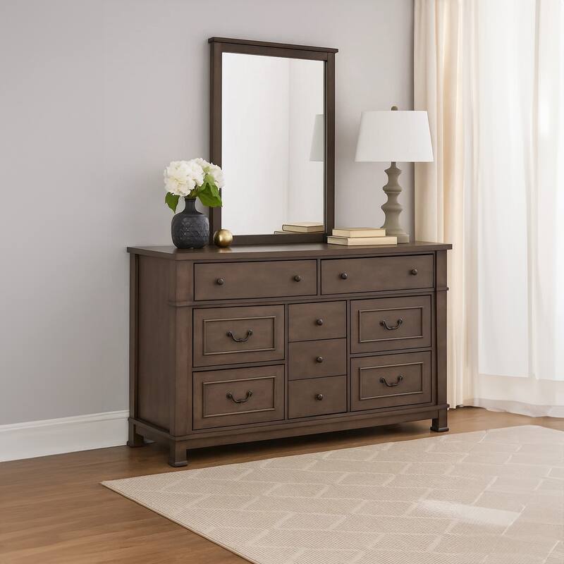 Huder Wide Dresser, 9 Drawers, Dark Walnut Brown Solid Wood, Black