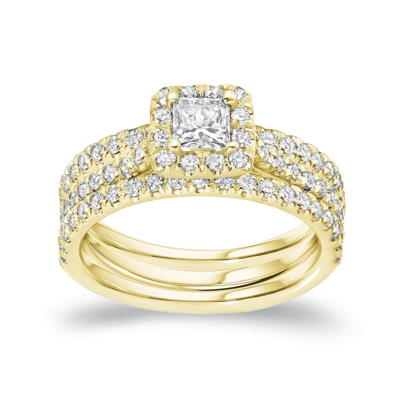 Auriya 1 1/4ctw Princess-cut Halo Diamond Engagement Ring 3pc Set 14k Gold - Yellow - 6