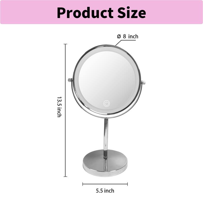 8" 3-Color Lighted Makeup Mirror, 1X/10X Magnifying Rechargeable Desktop Vanity Mirror with Type-C Charging Cable - Chrome