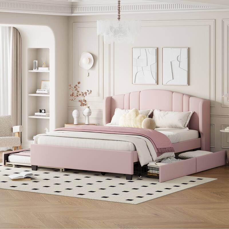 Contemporary Linen Upholstered Platform Bed, Queen Size, Includes Trundle Bed and Drawers, Wingback Headboard