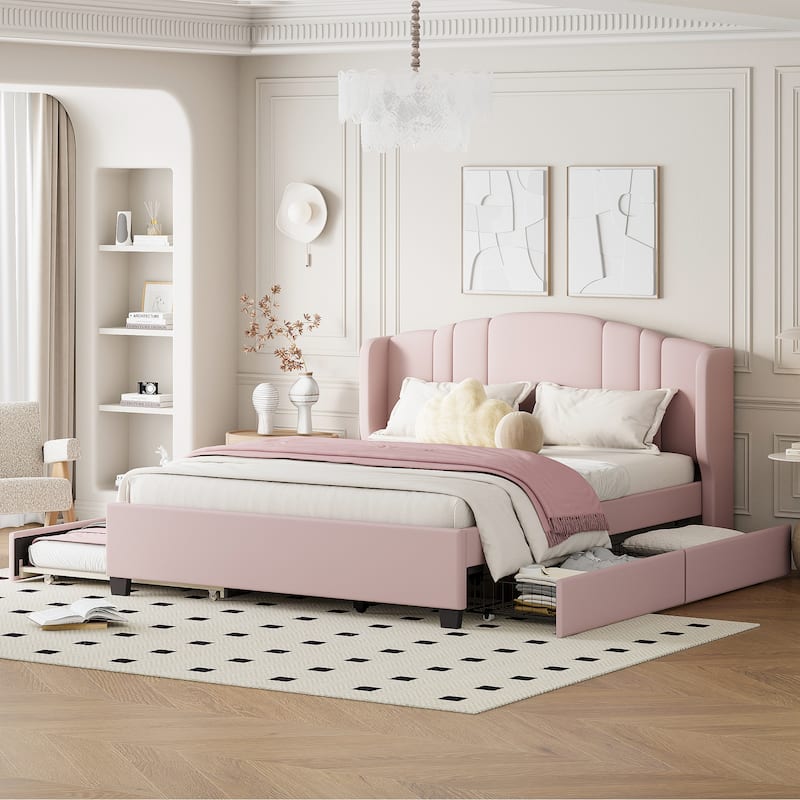 Upholstered Platform Bed with Wingback Headboard, Queen Size Linen Fabric Bed Frame with Twin Trundle Bed and 2 Drawers - Pink - Queen