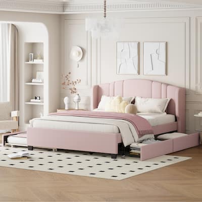 Wingback Headboard Bed Frame, Linen Upholstered Platform Bed with Trundle Bed &, 2 Drawers, Wood Low Profile Bed Panel Bed