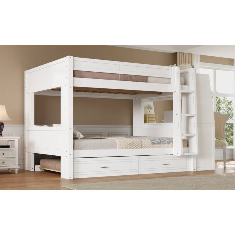 Roomfitters Full Over Full Bunk Bed with Built-In Desk, Bookshelves and Trundle