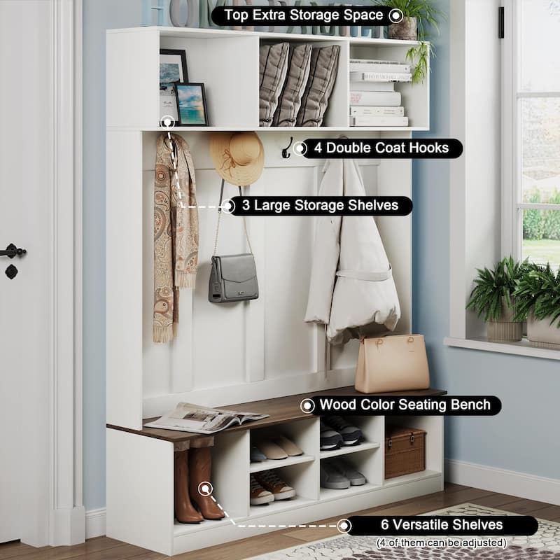Hall Tree with Bench and Storage, Farmhouse 75" H Tall Hall Tree Wood Entryway Shoe Bench with Coat Rack and Storage Shelves