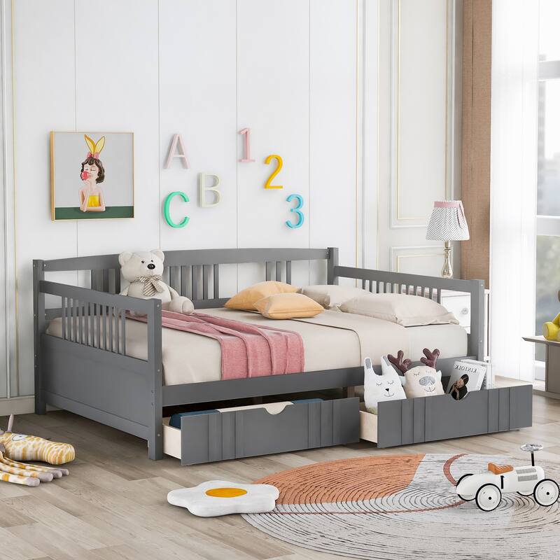 Daybed with Two Drawers, Solid Wood Frame, Guardrails, No Box Spring Needed