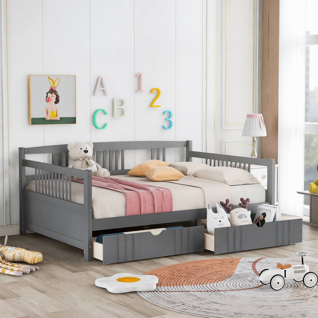 Full Size Wooden Daybed with 2 Drawers, Safety Guardrails & Slat Support