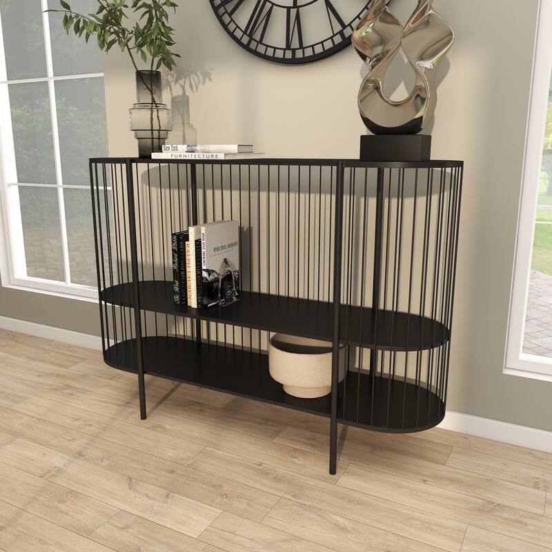 Metal Narrow Oval 2 Shelf Console Table with Open Wire Frame - Black - Roche River Decor