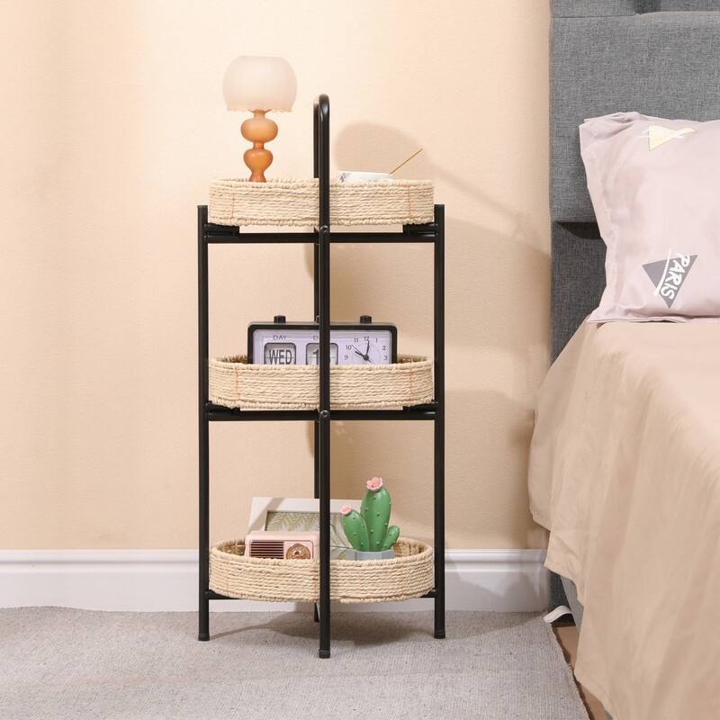 3 Tiers Tray Tables Paper Rope Woven Side Table for Living Room Kitchen Oval Storage Basket Small Shelves
