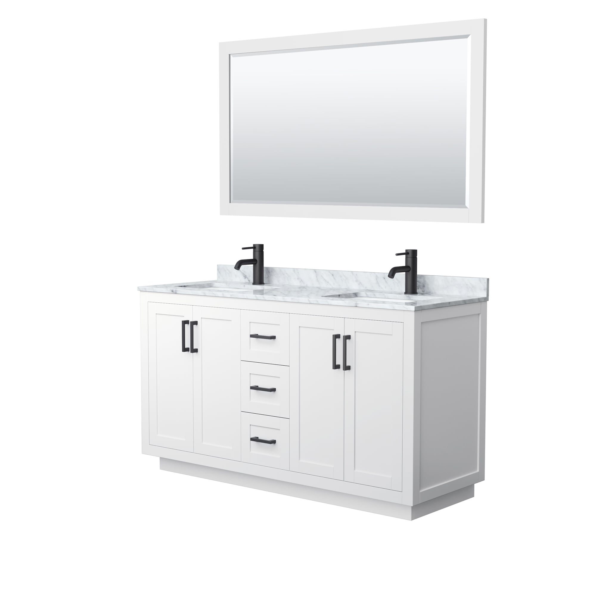 Miranda Bathroom Vanity Set, White Carrara Marble Top, 58-Inch Mirror