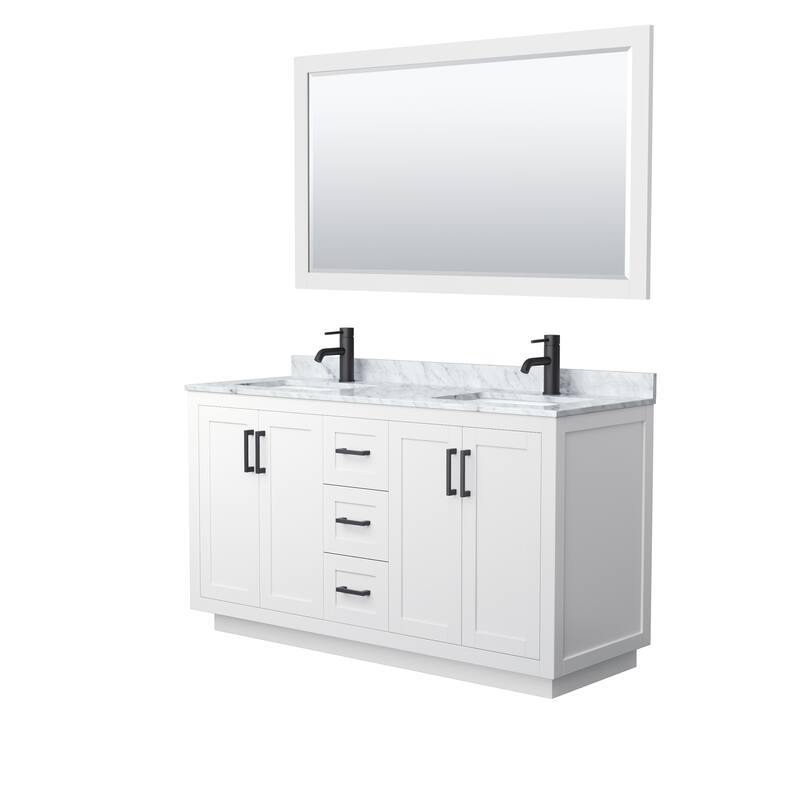 Miranda Bathroom Vanity Set, White Carrara Marble Top, 58-Inch Mirror - 60-Inch Double - White, Black Trim, White Carrara Marble Top