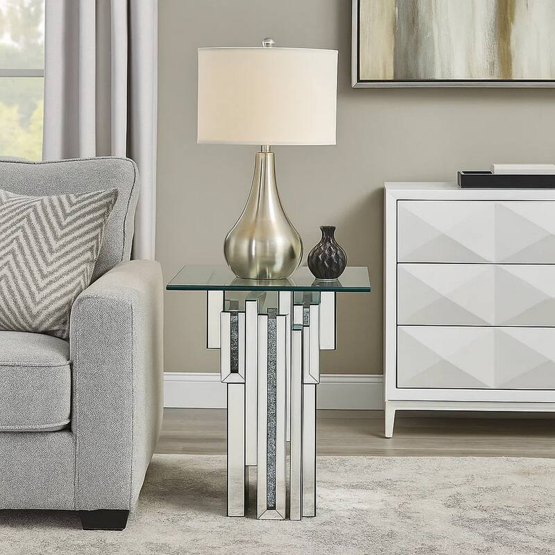 Glass Top End Table with Mirror Panels and Faux Gemstone Accents, Silver