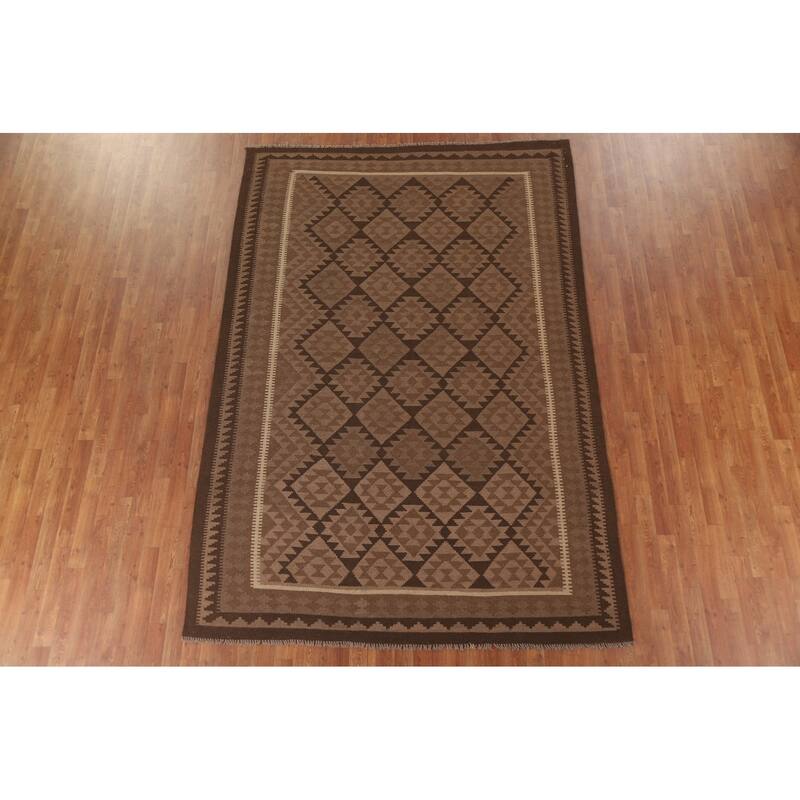 Hand Woven Oriental 100% Wool Carpet Southwestern Geometric Brown Kilim Area Rug - 9' 9'' X 6' 8''