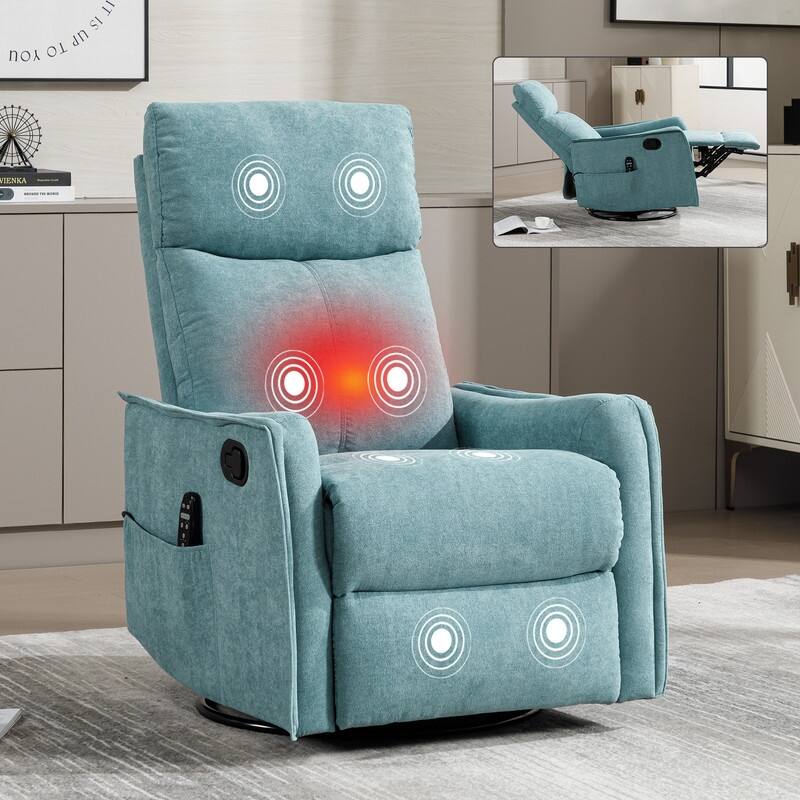 Heat Massage Manual Recliner Chair with Rocker and Swivel in Fabric for Living Room - Antique blue green