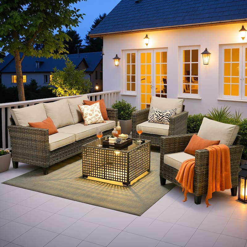 OVIOS 4 Pieces Patio Furniture Wicker Set with Solar-Powered Coffee Table