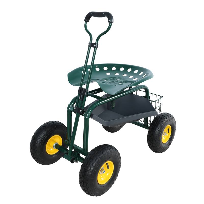 Adjustable Garden Cart with Swivel Seat, Large 10-Inch Wheels, Storage Tray and Basket, Easy Maneuvering - Iron - Green