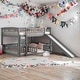 preview thumbnail 1 of 15, Full Over Full Low Bunk Bed with Fence and Ladder for Toddler Kids Teens Grey