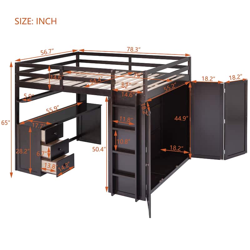 Loft Bed with Drawers, Desk and Wardrobe