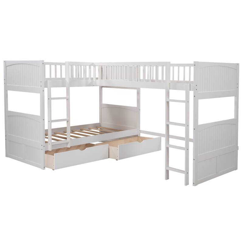 Twin Size Triple Bunk Bed with Loft, Two Drawers, and Space-Saving Design