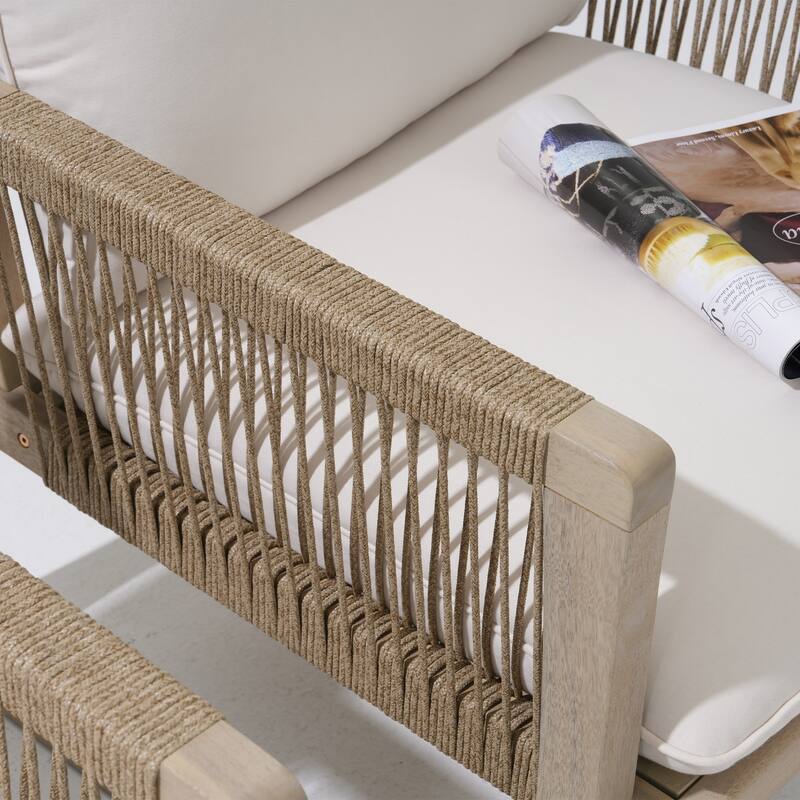 Outdoor 4-Piece Conversation Set Acacia Wood Patio 3-Seater Sofa Set Rope Weave Arm Chair with Coffee Table Weather Resistant