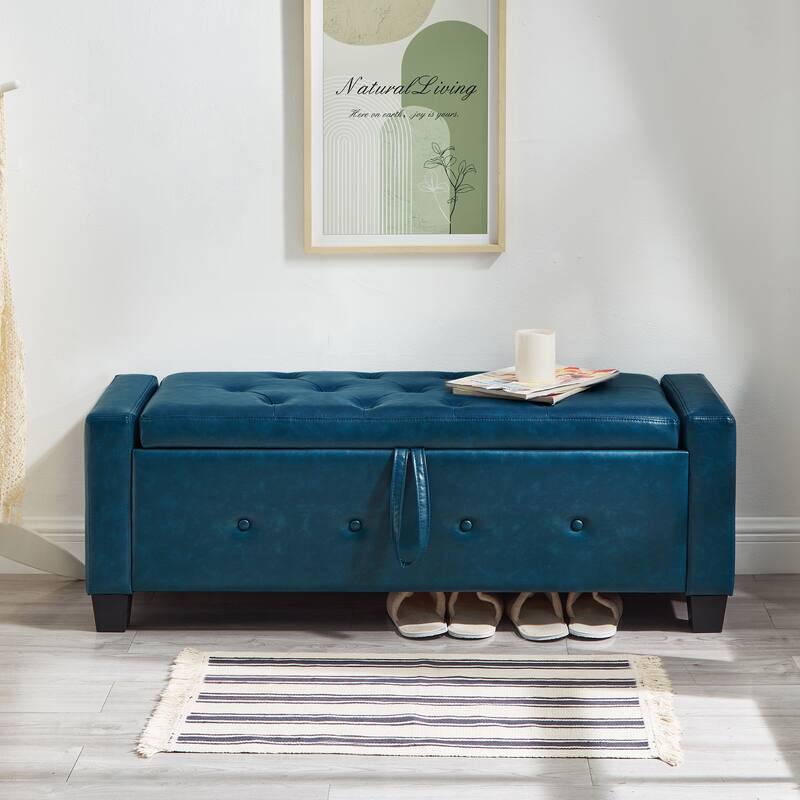 Tufted Faux Leather Storage Ottoman Bench for Bedroom, Living Room & Hallway, 48" Multifunctional Upholstered End of Bed Bench