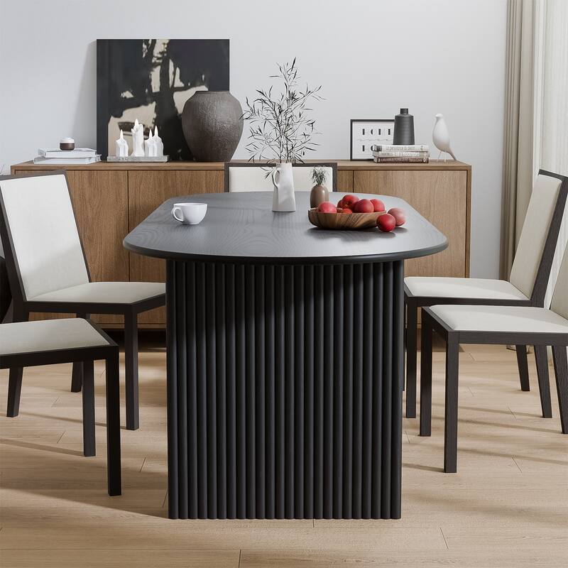 Large Oval Dining Table Seats 4-6 Modern Farmhouse Kitchen Table with Wood Strip Base for Home Living Room Kitchen Bar