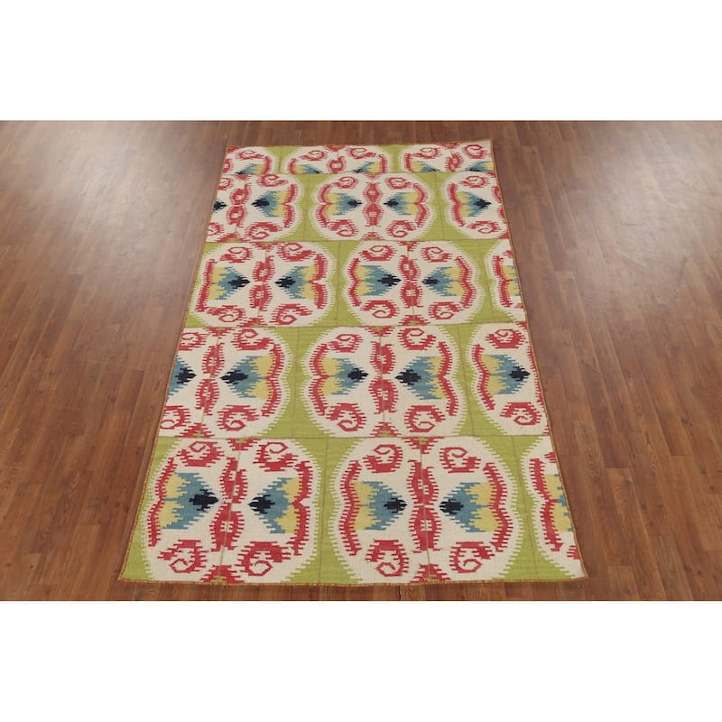 Hand-Woven Green Kilim Oriental Area Rug Handmade Wool Carpet - 4'10"x 7'11"