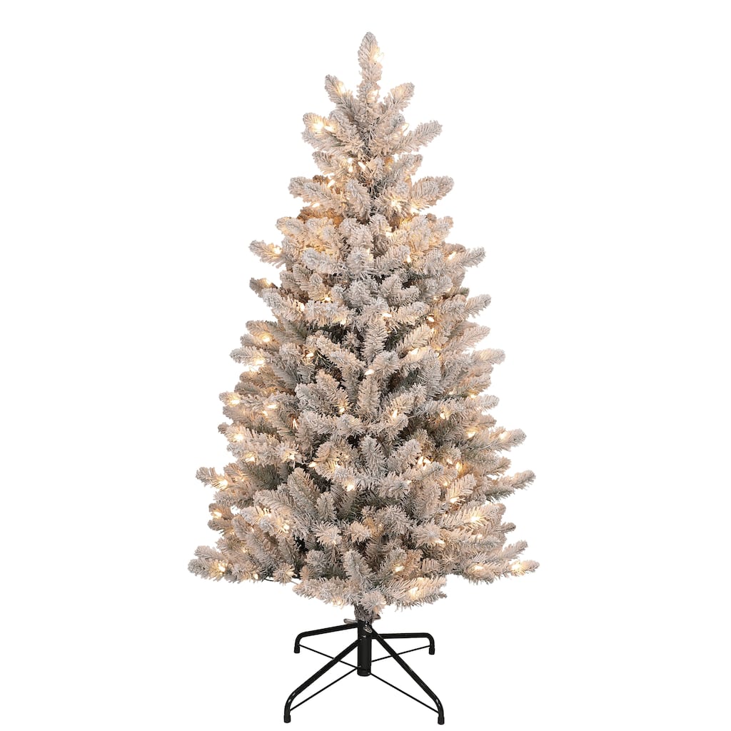 Puleo International 4.5' Pre-Lit Slim Flocked Fraser Fir Artificial Christmas Tree - 4.5