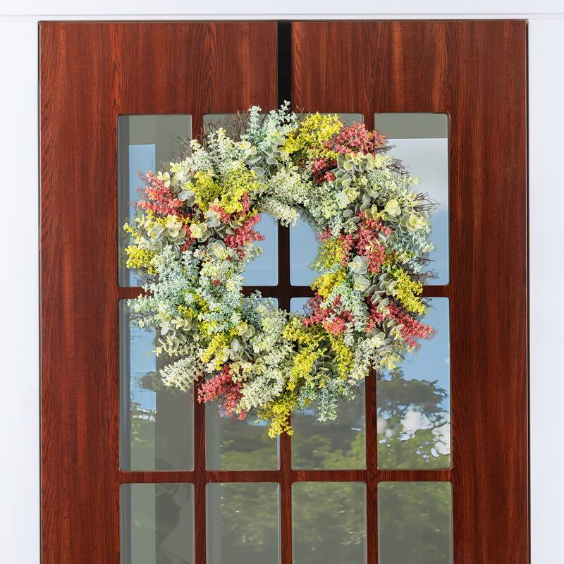 Glitzhome 24"D Mixed Floral Eucalyptus Wreath Includes a Complimentary Black Metal Wreath Hanger
