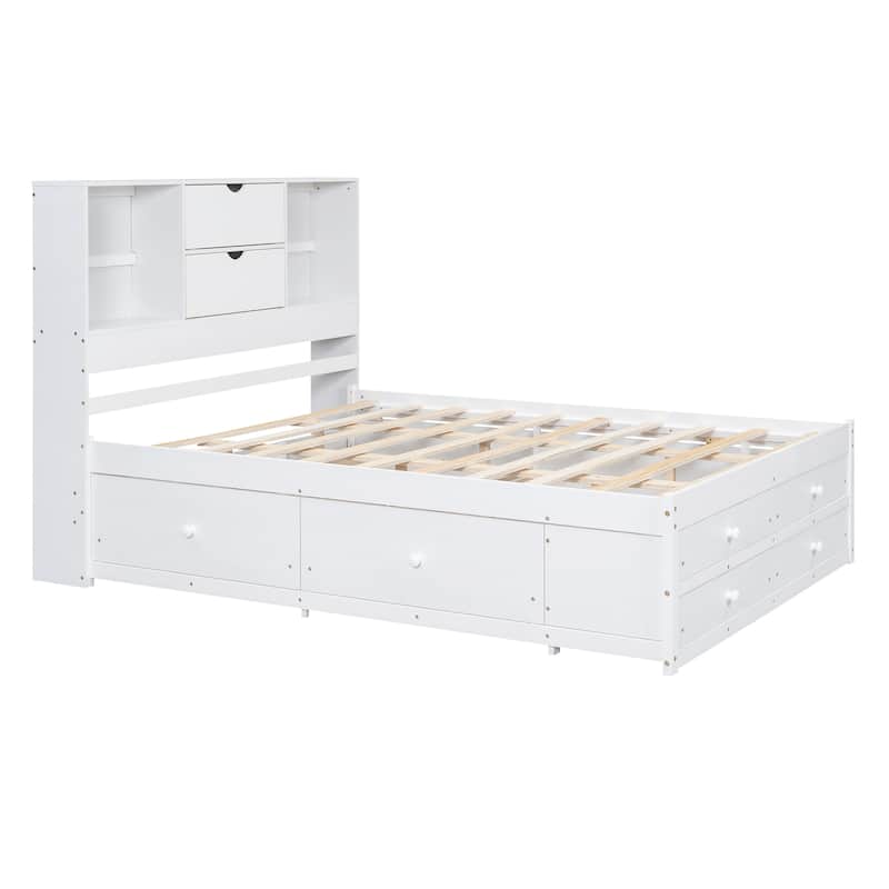 Queen / King Platform Bed with Storage Headboard and 8 Drawers Sturdy Pine Wood Construction