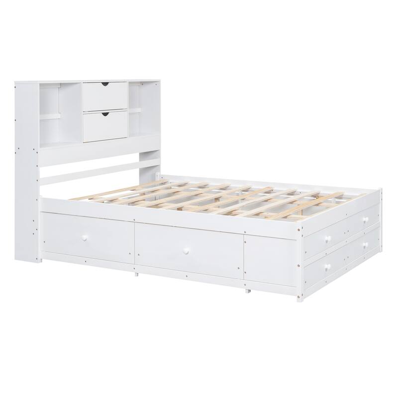 Queen Size Platform Bed with Storage Headboard & 8 Drawers - Gray