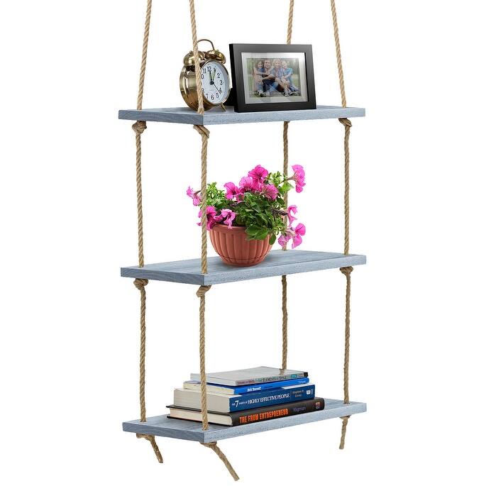 Wood Hanging Shelf 3-Tier Rustic Swing Storage Shelves Organizer Rack - 16.50" L x 7.87" W x 38" H - Grey