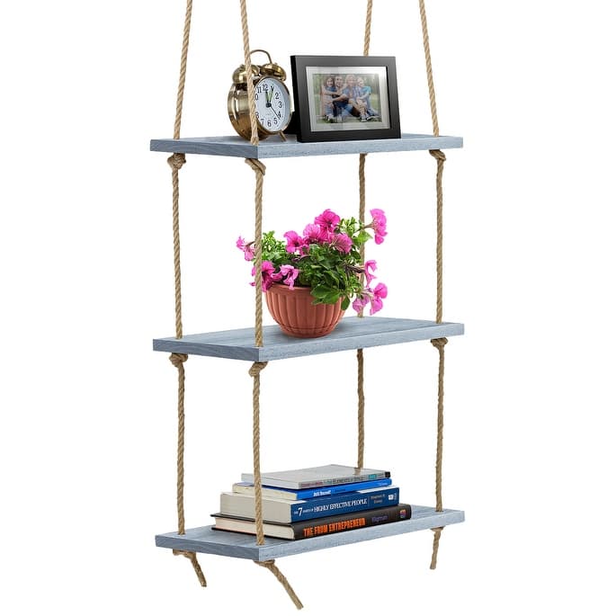Wood Hanging Shelf 3-Tier Rustic Swing Storage Shelves Organizer Rack - 16.50" L x 7.87" W x 38" H