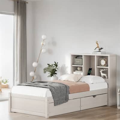 Twin Size Platform Bed with Built-in USB Port and Bookcase Headboard