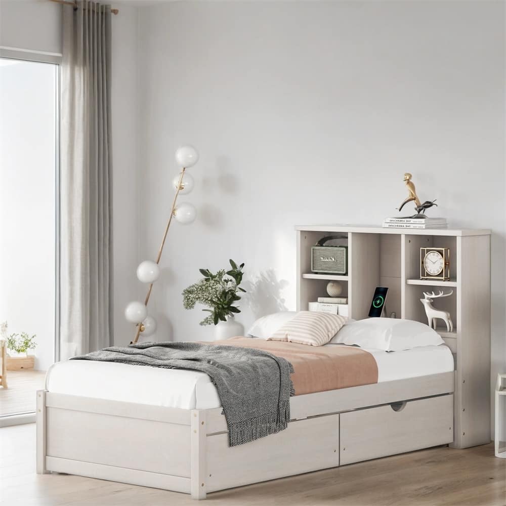 Twin Size Platform Bed with Built-in USB Port and Bookcase Headboard