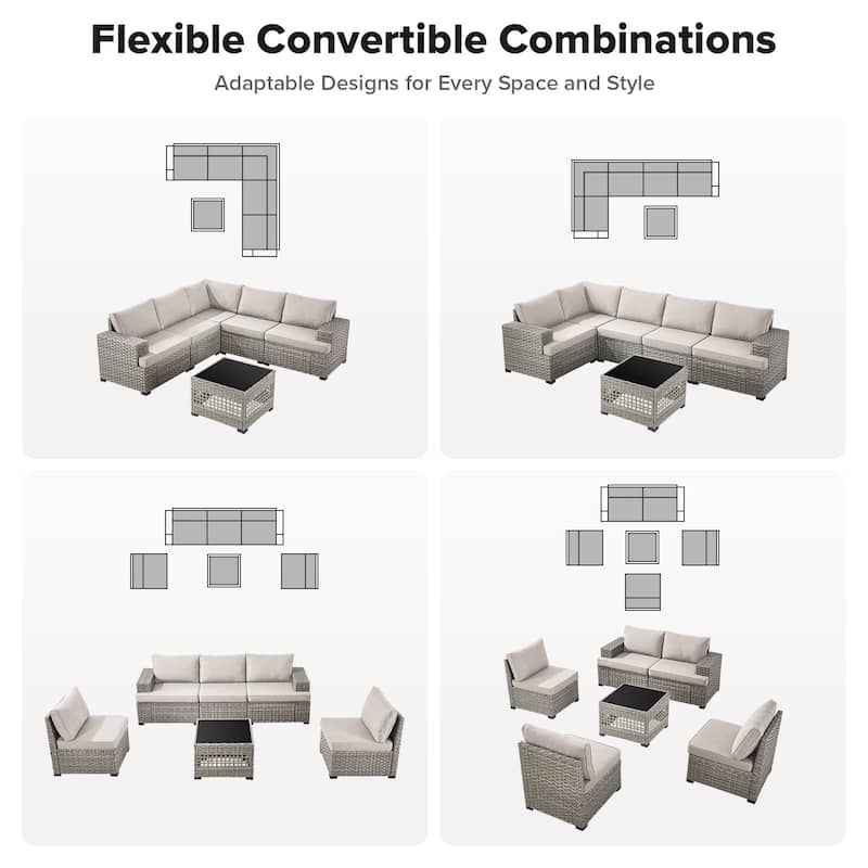 Gymojoy Outdoor Wicker Sectional Sofa Set with Glass Table, Wide Armrests & Water-resistant Cushions, Patio Furniture for Garden