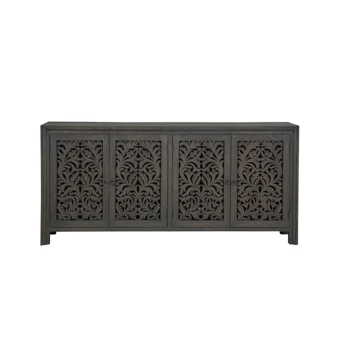 HomeRoots 78" Black Distressed Solid Wood Carved Floral Sideboard with Four Doors - 78.00 in. x 36.00 in. x 16.00 in.