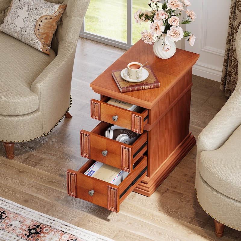 Narrow End Table with 3 Drawers, 19.69''D Vintage Sofa Side Table