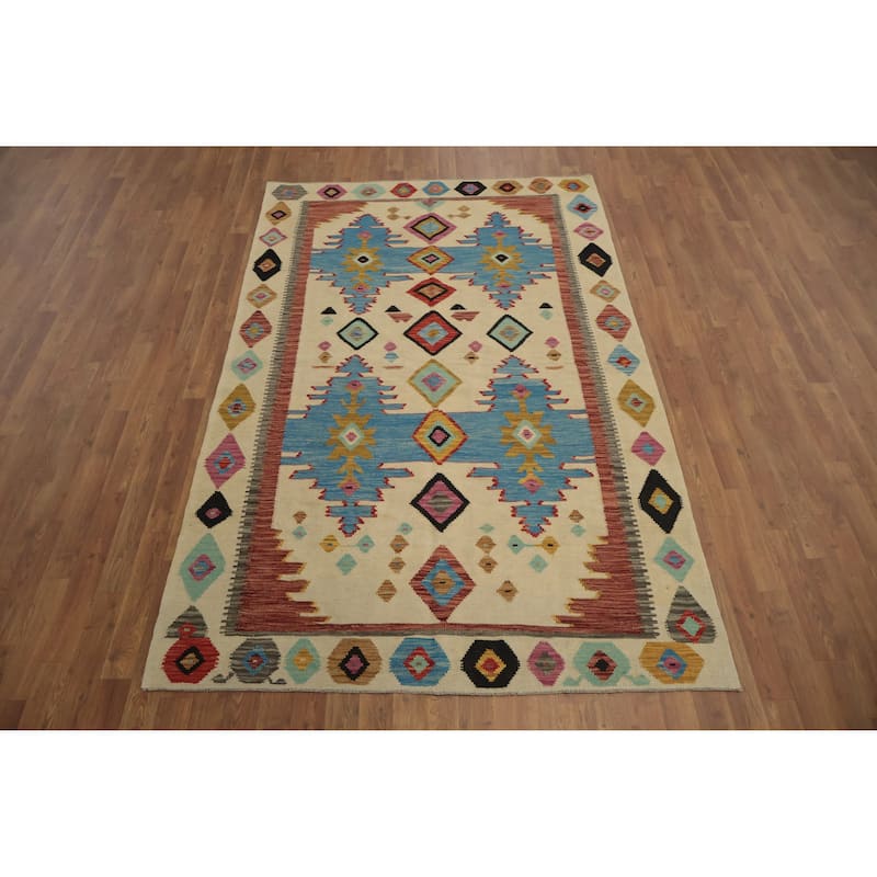Hand Woven Oriental 100% Wool Carpet Southwestern Tribal Beige & Ivories Kilim Area Rug - 8' 0'' X 5' 0''